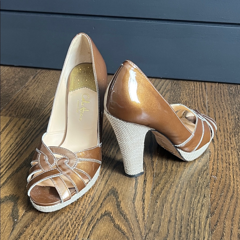 Cole Haan Tan and Cream Peep-Toe Heels